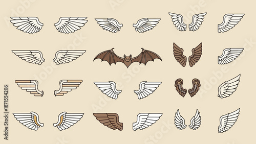 A comprehensive vector illustration set showcasing various stylized wing designs, including feathered bird wings, elegant angel wings, and a central bat, in different colors and poses.