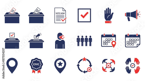 Modern flat design vector icons representing voting, elections, civic engagement, and democratic processes.