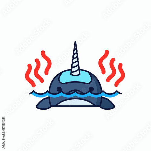 Cute Narwhal Character Feeling Hot and Sweating in Water.