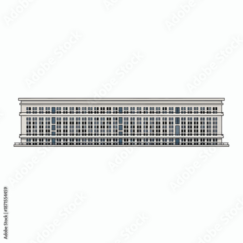 Detailed architectural drawing of a long multistory building with numerous windows showcasing a classic and symmetrical facade.