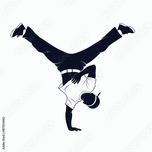 Dynamic breakdancer performing a handstand with legs spread in a stylish pose.