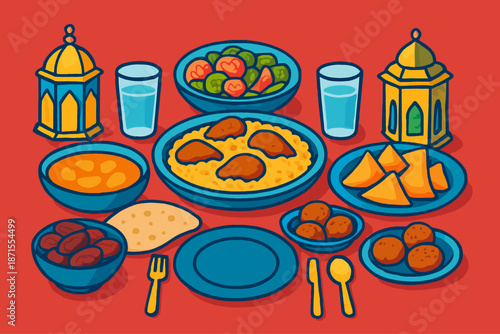 Festive Iftar Party Table Setting Illustration