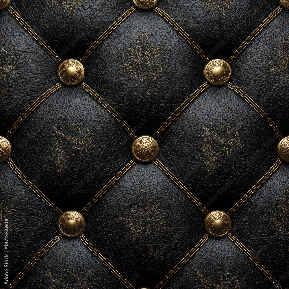 Obraz premium Diamond-patterned black tufted leather with golden buttons and ornate details