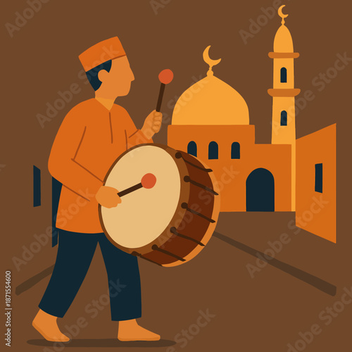 Traditional Drummer Waking for Suhoor in Ramadan