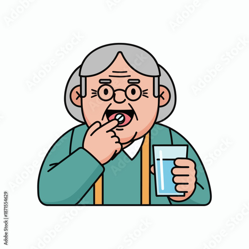 Elderly woman taking medication with a glass of water health and wellness concept.