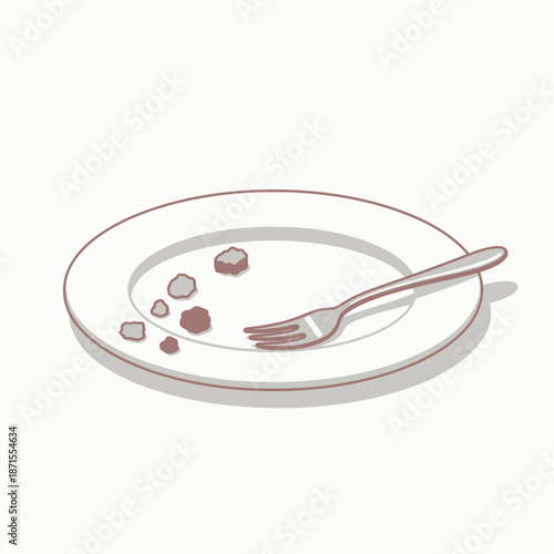 Empty plate with a fork and a few crumbs indicating a finished meal.