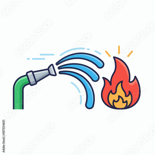 Fire hose extinguishing a burning flame symbolizing fire safety and emergency response.