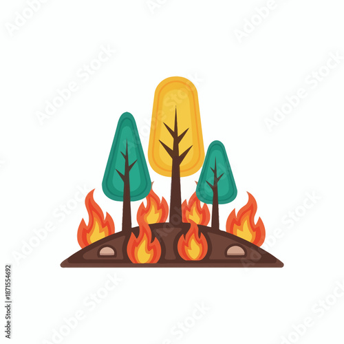 Forest Fire Illustration with Trees and Flames on White Background.