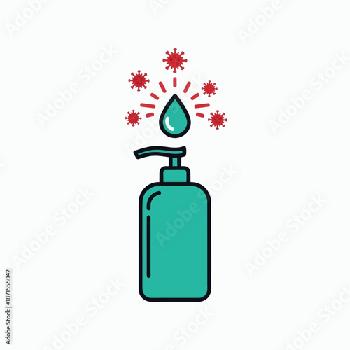 Hand Sanitizer Bottle with Virus Particles and Droplet.