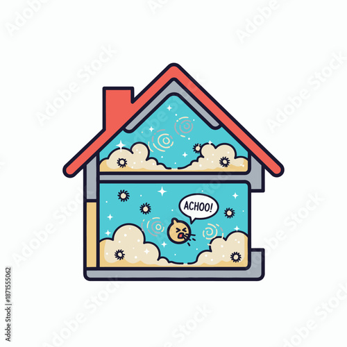 House with dust and allergens causing a sneeze illustrating indoor air quality issues.