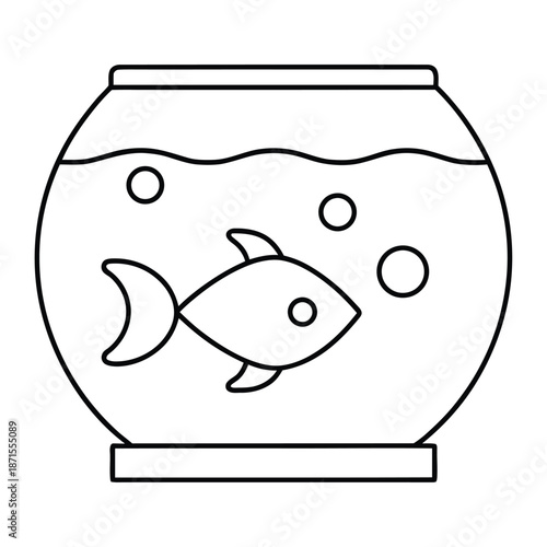 Simple outline icon of a goldfish swimming inside a classic round fishbowl with bubbles