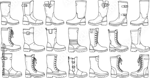 Hand-drawn Set of Various Boots Vector Illustration. Monochrome Outline Sketch Collection of Different Footwear Styles: Riding, Combat, Winter, Rain, and Fashion Boots, Isolated on White.