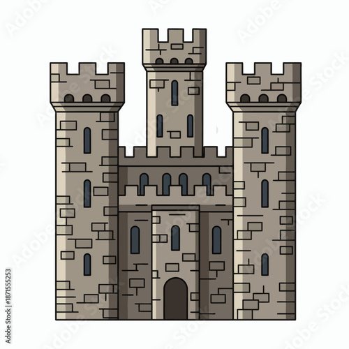 Medieval Castle Illustration with Towers and Stone Walls.