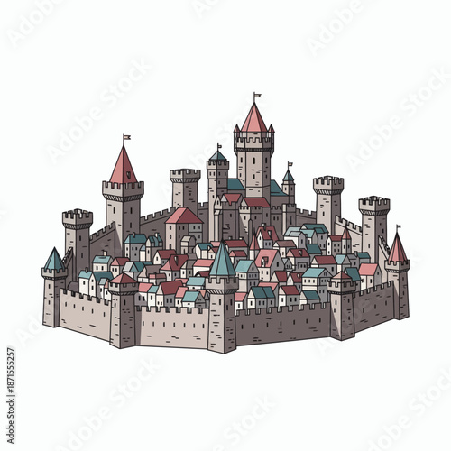 Medieval Castle Town Illustration with Towers and Walls.
