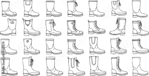 Detailed vector line art collection of various boot styles. Set of 30 different outline illustrations including rain boots, work boots, and fashion boots for footwear design.