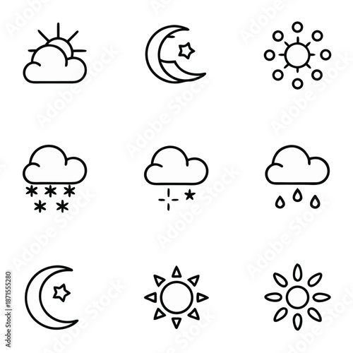 Collection of nine simple black line icons representing various weather conditions and celestial bodies