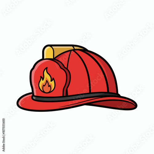 Red Firefighter Helmet with Flame Emblem Isolated on White Background.