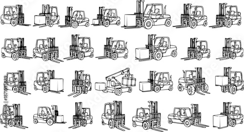 Collection of various hand-drawn line art illustrations of forklifts and industrial material handling vehicles, some carrying boxes, in a logistics and transportation theme.