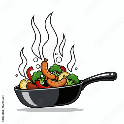 Sizzling Sausages and Vegetables Cooking in a Frying Pan.