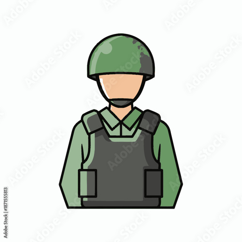 Soldier in military uniform with helmet and bulletproof vest army personnel illustration.