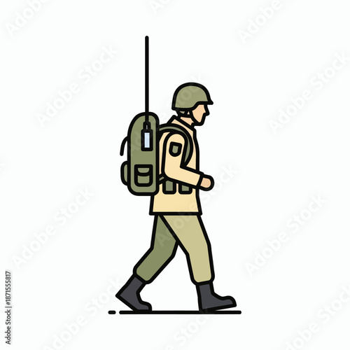 Soldier walking with backpack and helmet in a minimalist illustration.
