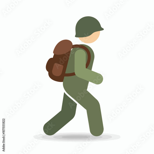 Soldier with backpack walking in profile simple graphic illustration.