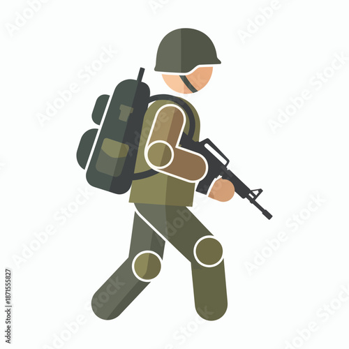 Soldier with rifle and backpack walking in flat design.