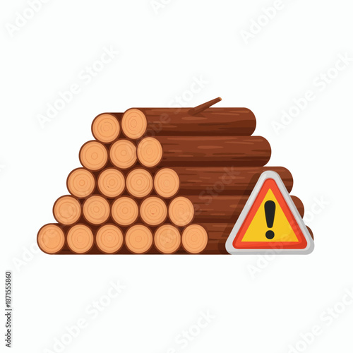 Stacked Logs with Warning Sign Indicating Potential Hazard.