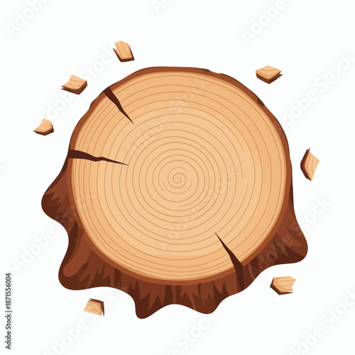 Top view of a freshly cut tree stump with visible growth rings and wood chips scattered around.