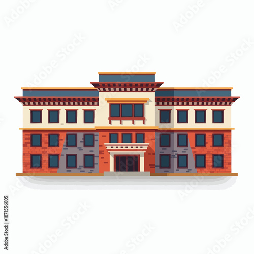 Traditional Bhutanese Architecture Building Vector Illustration.