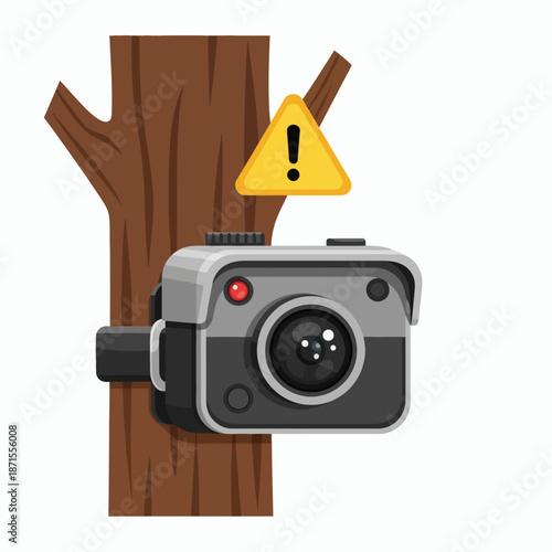 Trail Camera Mounted on Tree with Warning Sign.