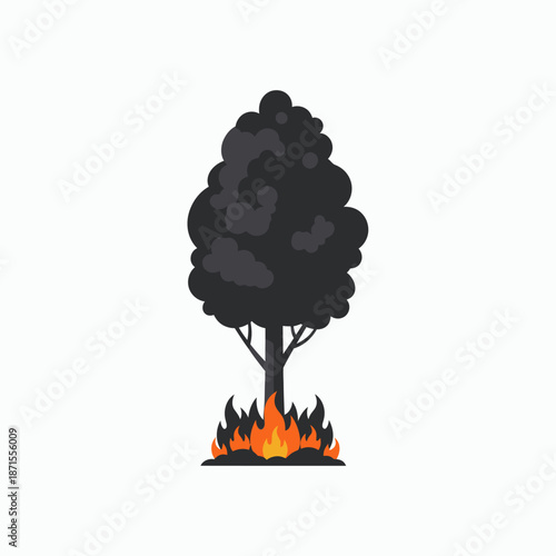 Tree on fire forest fire wildfire natural disaster environmental damage global warming climate change deforestation burning tree ecological impact.