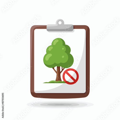 Tree with a forbidden sign on a clipboard symbolizing environmental protection and conservation efforts.