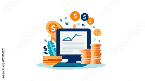 Laptop with Coins and Dollar Signs.