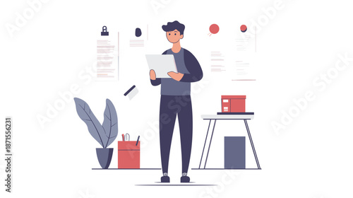 Man holding tablet in uniform standing.