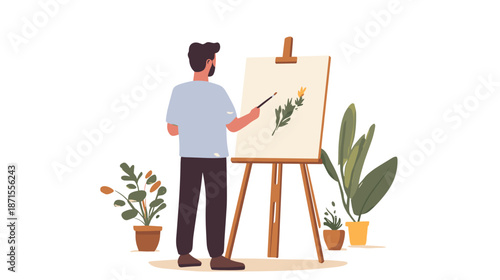 Man Painting on Easel with Plants Nearby.