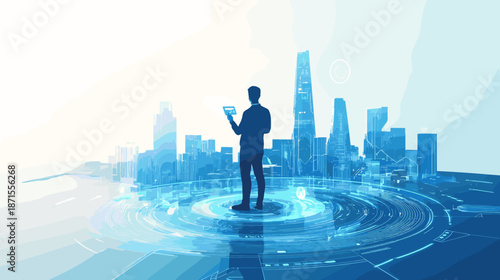Man Standing with Tablet in Cityscape.