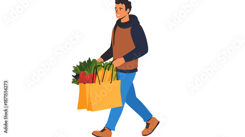 Man Walking with Grocery Bags and Vegetables.