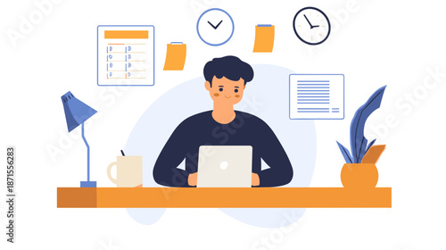 Man Working on Tablet at Desk.