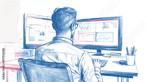 Man working on computer with multiple screens.