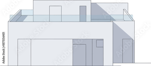 Modern Minimalist White House Architectural Elevation Design with Glass Balcony and Garage