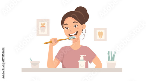 Woman Brushing Teeth with Toothbrush.