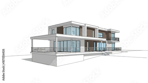 Modern Luxury Residence Architectural Rendering with Large Windows and Balconies