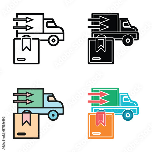 Vector illustration set of a removals delivery truck with moving boxes and arrows in multiple color styles. Concept of relocation service, house moving, transport, logistics, and removals company.