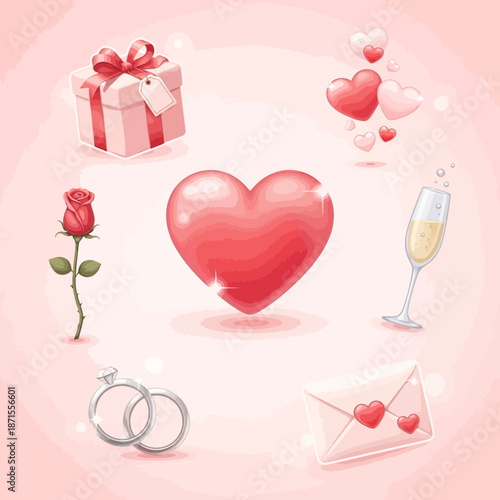 Romantic Valentine's Day Symbols: Heart, Rose, Gift, Ring, Champagne, Envelope