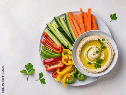 vegetables on a plate with humus