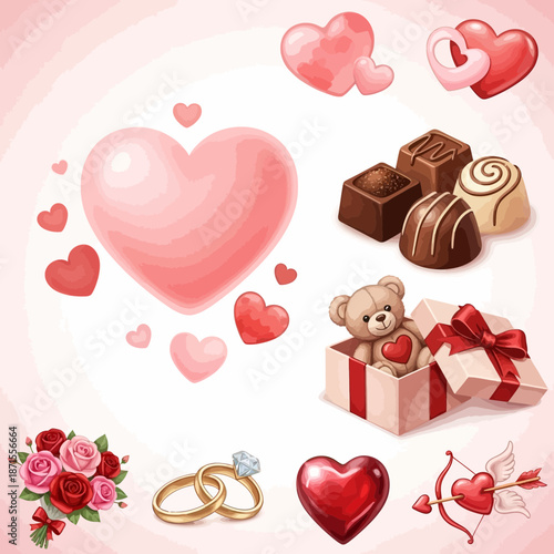 Valentine's Day Icons: Hearts, Chocolates, Teddy Bear, Rings, Roses, Cupid's Arrow