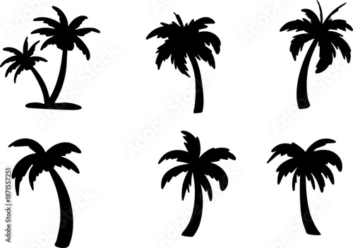 Diverse Black Coconut Palm Tree Silhouettes Vector Graphic Collection for Tropical Beach Designs