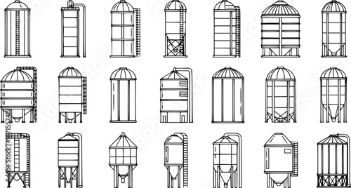 Collection of Various Grain Silo Icons: Detailed Line Art Vector Set for Agricultural Storage, Farming, and Industrial Design Elements