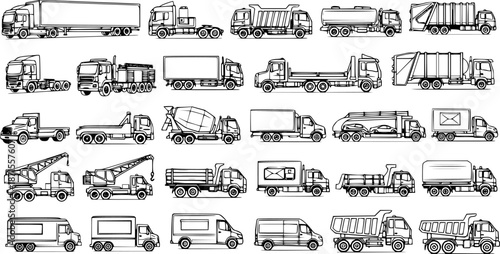 Set of various hand-drawn line art illustrations of different types of trucks and commercial vehicles for transport, construction, and special purposes, isolated on white background.